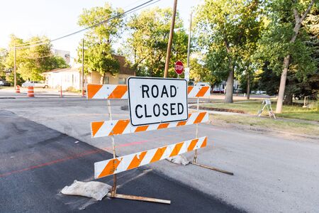 Residential street blocked by Road Closed construction sign.の写真素材