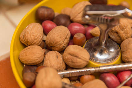 Hard-shell nuts like walnuts and pecans inside a yellow bowl, with metal nutcracker and digging tool.の写真素材