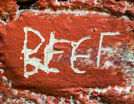 The word "BEEF" engraved into a painted brick.の写真素材