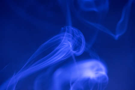 Smoke clouds swirling in blue light against a dark background.の写真素材
