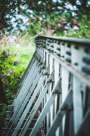 Railroad train track railings in a pacific northwest landscape.の写真素材