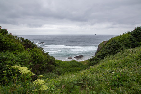 A beautiful ocean view with a rocky shoreline and mountains in the background. The sky is cloudy,...