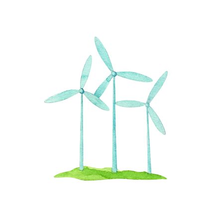 hand painted watercolor ecology concept illustration. windmill, wind generator. wind energy icon...