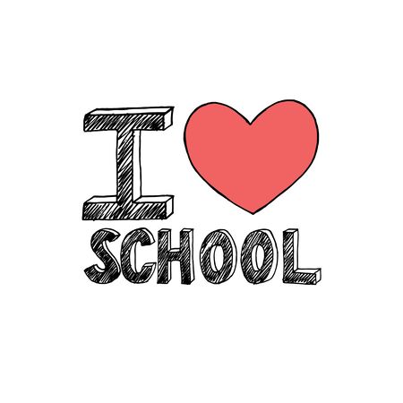 Hand drawn text I love School isolated on white background. Monochrome letters with red heart. Hand drawn style. Design elements for cards, flyers, stickers for shop sales.の写真素材
