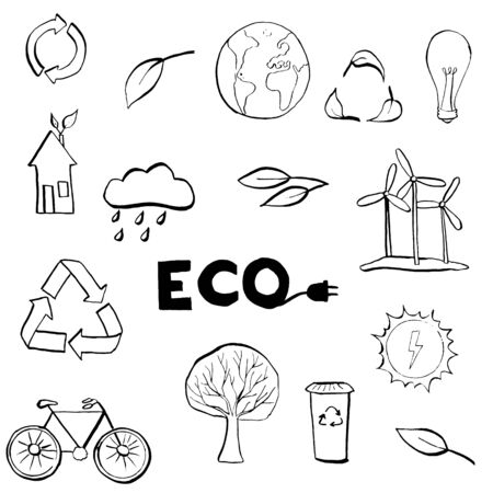 Ecology symbols set. Modern linear black and white hand drawn style vector concept. Illustration for eco friendly, energy, environment, green, recycle, bio and global concepts.のイラスト素材