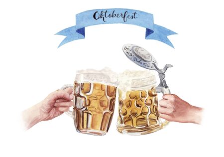 Hand drawn watercolor illustration clink beer glasses with hand isolated on white background. Full beer mug with foam. Oktoberfest poster template design with text. Food and drink background concept.の写真素材
