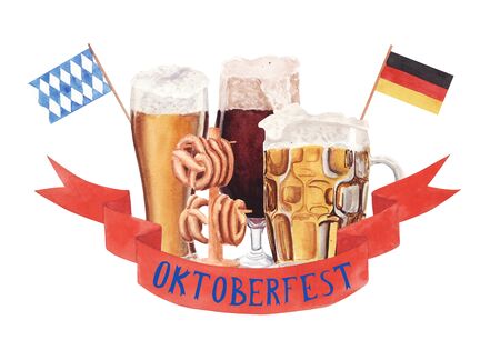 Watercolor illustration beer glasses and pretzel isolated on white background. Red ribbon with text, Denmark and Bavarian flags. Oktoberfest poster template design. Food and drink background concept.の写真素材