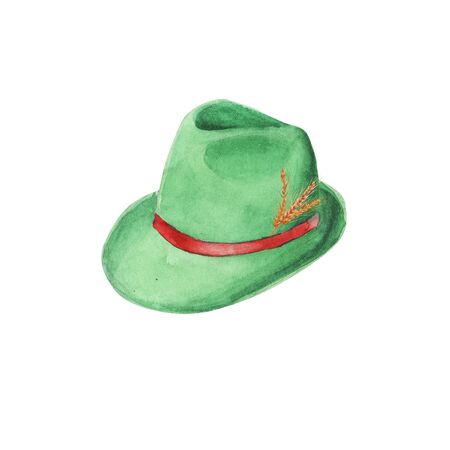 Hand painted watercolor bavarian green felt hat. Tyrolean traditional hat. Design element for festival, shop, market, menu, cafe, restaurant, poster, banner and sticker. Oktoberfest conceptの写真素材