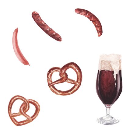 Hand drawn watercolor illustration set with glass of dark beer, Sausage and Pretzel. Oktoberfest design element for festival, shop, market, menu, cafe, restaurant, poster, banner, sticker.の写真素材