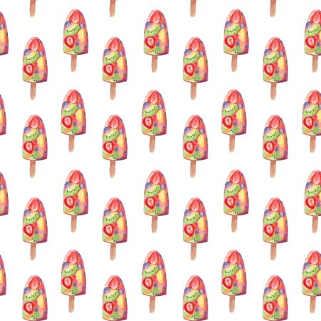 Seamless pattern with colorful bright ice cream stick isolated on white background. Hand drawn...