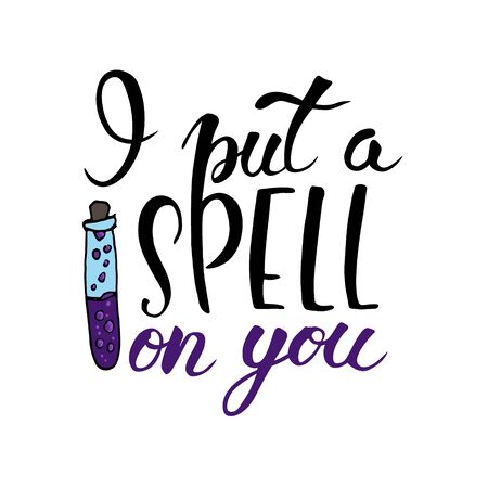 Hand drawn Vector illustration of Happy Halloween calligraphy and brush pen lettering for party invitation, greeting card, banner. Handwritten holiday poster. Witches Greeting Cartoon phraseのイラスト素材