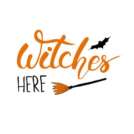 Hand drawn Vector illustration of Happy Halloween calligraphy and brush pen lettering for party invitation, greeting card, banner. Handwritten holiday poster. Witches here Greeting Cartoon phraseのイラスト素材