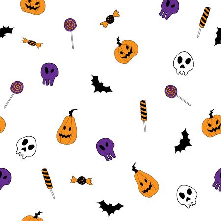 Hand drawn style cute cartoon vector Halloween seamless pattern. Illustrations and icons: pumpkin, skull, cat, bat, candy. Isolated on white background.のイラスト素材