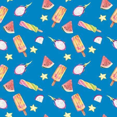 Seamless hand drawn Watercolor Pattern with Tropical fruit and ice cream. Exotic Karambol, pitaya and popsicle on blue background. Design textile, cloth, greeting card, invitation, wrapping paperの写真素材