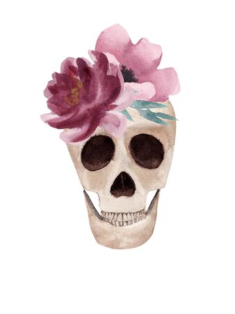 Hand drawn Watercolor human skull with flower. Halloween boho style illustration. Design element for greeting card, banner, sticker, poster, print.の写真素材