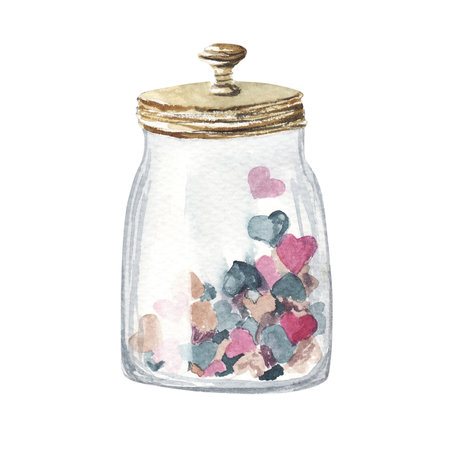 Hand drawn Watercolor Valentine's day illustration Cozy jar with sweet pink hearts isolated on white background. Design elements printing on postcards, stickers, tags, labels, kitchen textiles.の写真素材