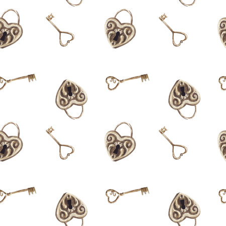 Seamless pattern with heart shape gold padlocks and keys. Wedding drawing. Watercolor hand drawn illustration on white backgroundの写真素材