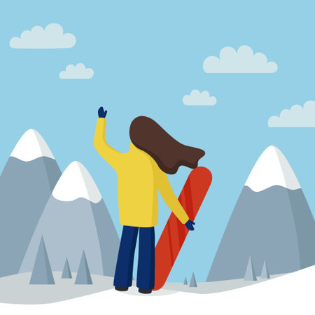 Girl snowboarding on the top of snowy mountains. Vector illustration in flat cartoon style. Snowboarder young woman character with board riding down the slope at ski resort. Copy space.のイラスト素材