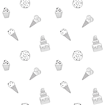 Seamless Sweet Dessert Pattern in Doodle style. Hand drawn black and white Cupcake, Donut, Ice...