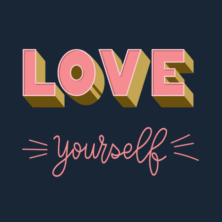 Love yourself phrase. Hand drawn lettering phrase isolated on navy blue background. Conceptual handwritten Stylized quote. Vector illustration on chalkboardのイラスト素材