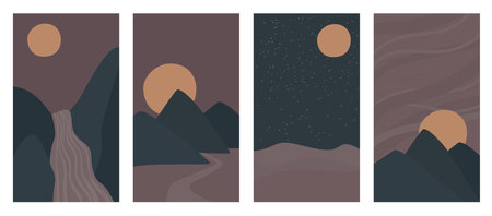 Social Media story templates Bundle. Vector set of abstract backgrounds with copy space for text. Night landscapes with mountains and hills. Vertical banners for stories, banners, greeting card.のイラスト素材