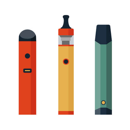 Electronic Cigarettes set. E-cigarette for vaping. Different design vape pens. Hipster equipment for smoking. Flat cartoon vector illustration.のイラスト素材
