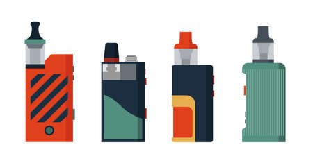 Vape set. Different design pod mods. E-cigarette for vaping. Hipster equipment for smoking. Vaping device Flat cartoon vector illustration.のイラスト素材