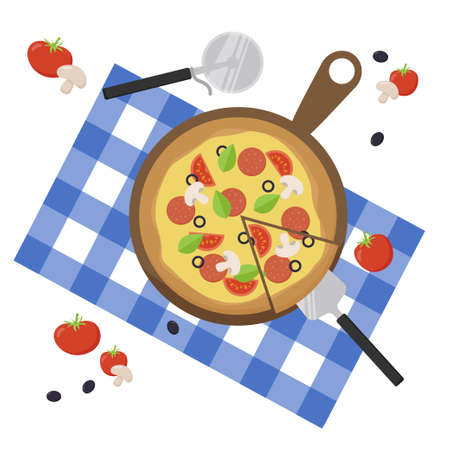 Fresh sliced pizza with tomato, cheese, olive, sausage, mushroom and basil on a wooden board. Italian cuisine. Top view. Pizza knife, spatula and picnic blanket. Vector illustration on white.のイラスト素材