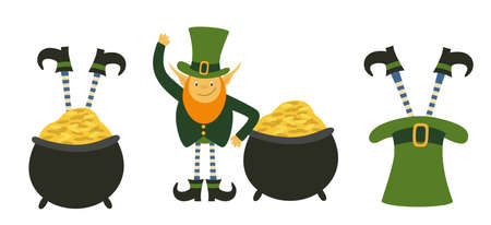 Set of cute Leprechauns. Design element on Saint Patrick's Day. Leprechauns legs stick out of the hat and pot of gold. Cartoon Vector illustration Isolated on white background.のイラスト素材