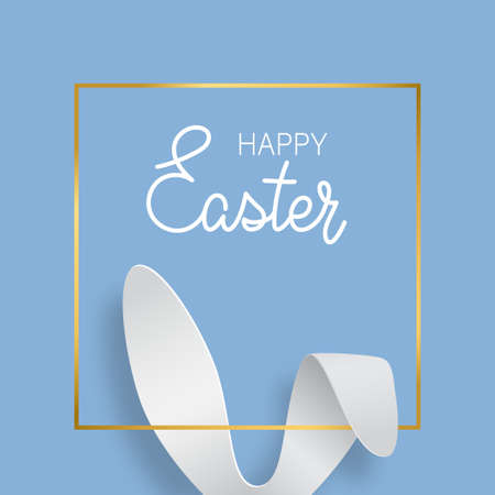 Easter greeting card with bunny ears and gold texture frame. Vector 3d abstract paper cut illustration. Copy space for text. Easter rabbit with lettering Happy Easter on blue background.のイラスト素材