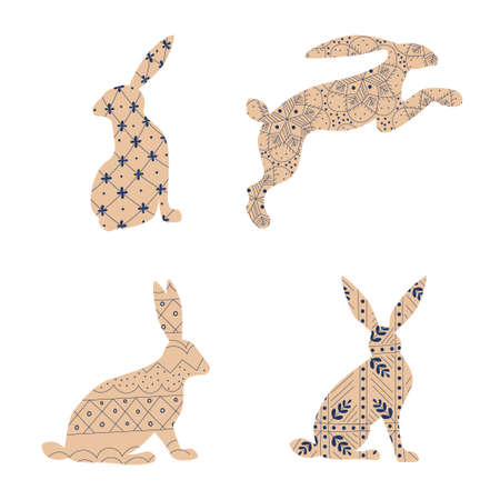 Beige rabbit silhouette set with elements in Scandinavian folk style. Hare with ornament. Vector illustration in flat style. Easter bunny collection. Simple and minimal design in warm earth toneのイラスト素材