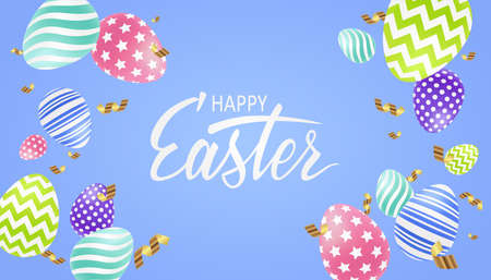 Easter banner with colored 3D realistic eggs and golden realistic shine confetti on blue background....