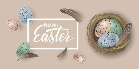 Happy Easter banner with speckled Easter eggs in the nest and feathers on beige background. Greetings for Easter Day top view, flat lay. Promotion, sale and shopping template. Vector illustrationのイラスト素材