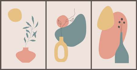 Abstract contemporary background with natural shapes, leaves, vases, Sun. Still life in pastel colors .. Modern minimal boho style. Wall art poster. Minimalist art print. Boho wall decor.のイラスト素材