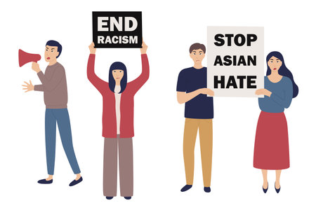 Asian group of people holding protest poster Stop Asian Hate, end racism. Struggle for freedom, independence, equality. Fight for rights. Flat Vector illustration isolated on white background.のイラスト素材