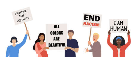People of different nationalities and cultures holding protest poster Stop racism. Race equality. African, Asian, Chinese, European, Indian ethnicity. Fight for rights. Flat Vector illustrationのイラスト素材