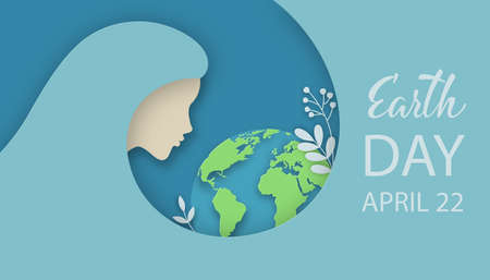 Earth day illustration of woman silhouette with planet Earth, flowers and herbs. Ecology, World...