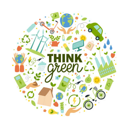 Think Green slogan with eco elements in circle shape. Save earth concept. Hand drawn ecology lettering, eco friendly lifestyle poster, print, banner, bag design. Hand drawn flat vector illustrationのイラスト素材