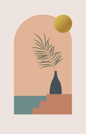 Abstract contemporary aesthetic background with arch, sea, gold Sun, palm leaf. Boho Design for posters, postcards, print, wall decor. Mid century modern minimalist art. Earth tones, terracotta colorsのイラスト素材