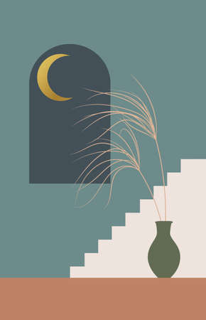 Contemporary aesthetic background with arch, night landscape, herbs in vase, golden moon. Tropical floral design. Bohemian Minimal vector illustration set, poster, wall art, print, cover.のイラスト素材