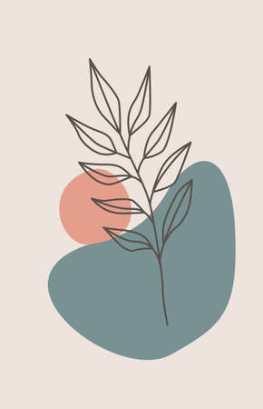 Earth tone boho foliage line art drawing. Hand drawn plants, shapes, herbs, leaves and vases. Tropical floral design. Minimal and natural Modern vector illustration, poster, wall art, print, cover.のイラスト素材