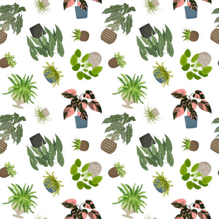 House plants seamless pattern. Trendy home decor with indoor plants. Flowers in pot. Design for textile, wallpaper, wrapping paper. Vector illustration isolated on white backgroundのイラスト素材