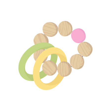 Wooden children teether isolated on white background. Eco friendly, zero waste toy for baby. Rattle with Hanging threads and beads. Flat Vector illustration in hand drawn style.のイラスト素材