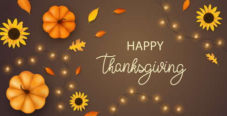 Thanksgiving day banner. Festive background with orange pumpkins, flowers, fall foliage and glowing garland. Horizontal holiday poster, greeting card. Flat top view. realistic 3d Vector illustration.のイラスト素材
