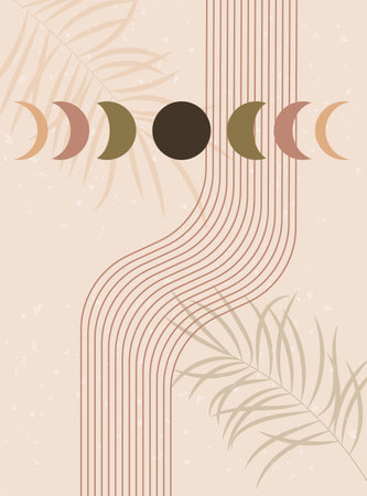 Abstract contemporary aesthetic background with Moon phases and lines. Earth tones, terracotta colors. Boho wall decor. Mid century modern minimalist art print. Vector illustration.のイラスト素材