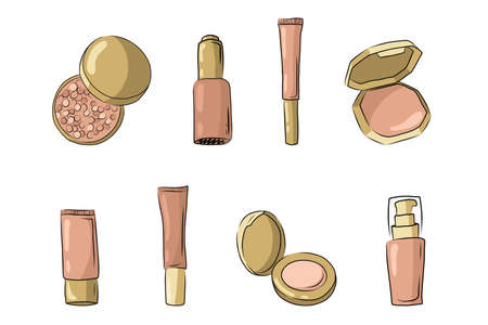 Makeup face foundation set. Sketch of Skincare cosmetics tubes, Glass bottle with pump and Powder palette. Containers for BB cream. Hand drawn cartoon Vector illustration isolated on white background.のイラスト素材