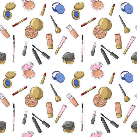 Hand drawn beauty tools doodle background. Vector seamless pattern with makeup items - nail polish, perfume, lipstick, powder brush, mascara, palette, eye shadow. Sketch of cosmetics products.のイラスト素材