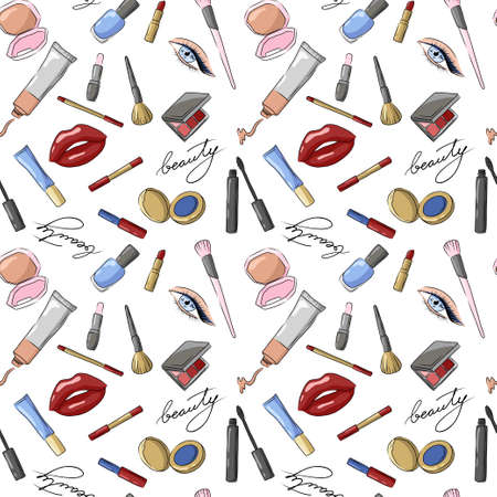 Makeup, face care beauty tools and equipment Seamless pattern. Sketch of cosmetics products. Brushes, lipstick, eye pencil, powder palette hand drawn illustration isolated on white backgroundのイラスト素材