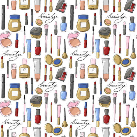 Beauty salon, makeup background seamless pattern. Sketch of cosmetics products, face care beauty tools and equipment. Brushes, lipstick, eye pencil, powder palette hand drawn illustrationのイラスト素材