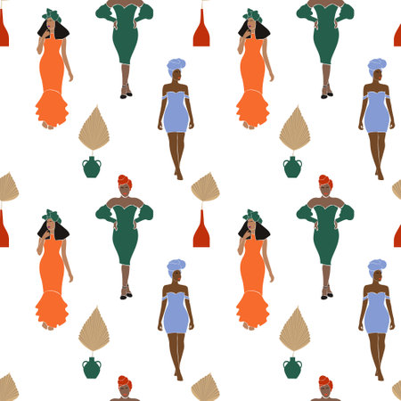 Minimalistic aesthetic background with floral elements, woman. Hand painted vector seamless pattern with palm leaves and African woman in turban. Aesthetic trendy boho style.のイラスト素材